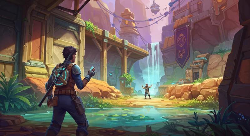 AI-driven game character interacting with player in an adaptive digital environment, illustrating innovative games with AI.