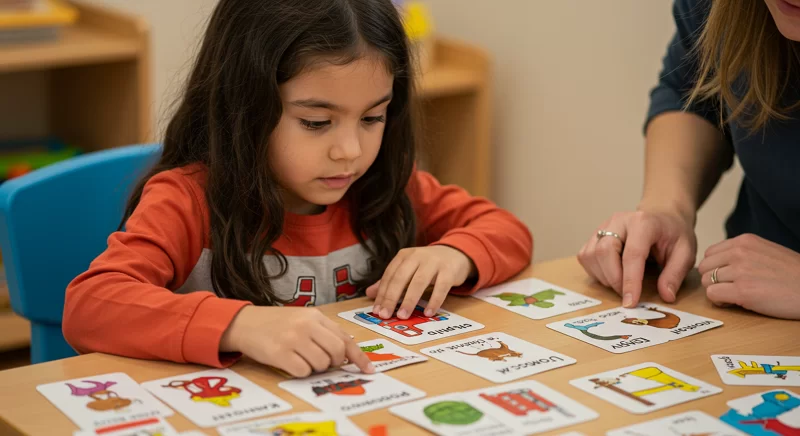 Child learning with flashcards representing supervised machine learning.