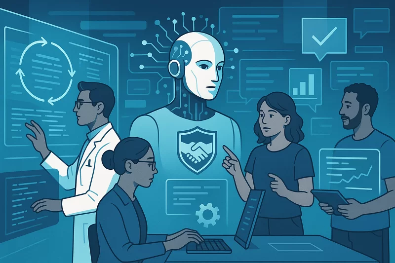 Futuristic scene with researchers and users collaborating with advanced AI systems, highlighting transparency, feedback, and responsibility in ethical artificial intelligence development.
