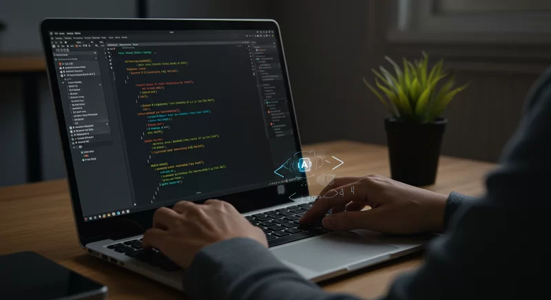 Person creating an AI prompt on a laptop, with visual elements of clarity and organization.