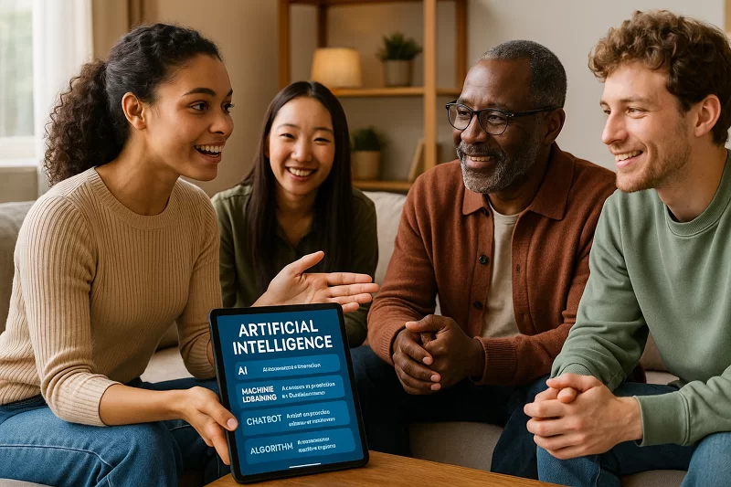 Woman explaining artificial intelligence terms to friends using a tablet, symbolizing the empowerment provided by the AI glossary.