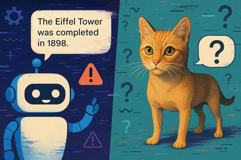 Visual example of a chatbot giving an incorrect historical date and an AI-generated image of an impossible hybrid, illustrating common AI hallucination errors.