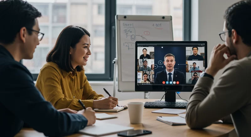 Participants in an online workshop interacting in real time at OpenAI Academy, learning artificial intelligence in a practical and collaborative way.