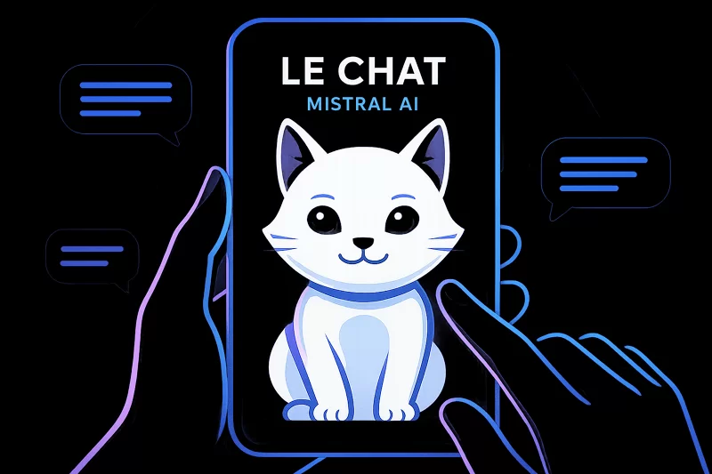 Conceptual image of Mistral AI's virtual assistant "Le Chat" on mobile devices.