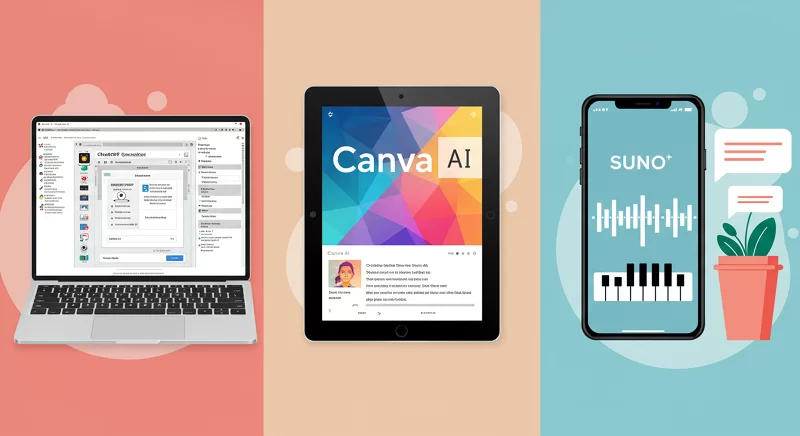 Visual demonstration of top free AI tools like ChatGPT, Canva AI, and Suno AI creating text, images, and music.