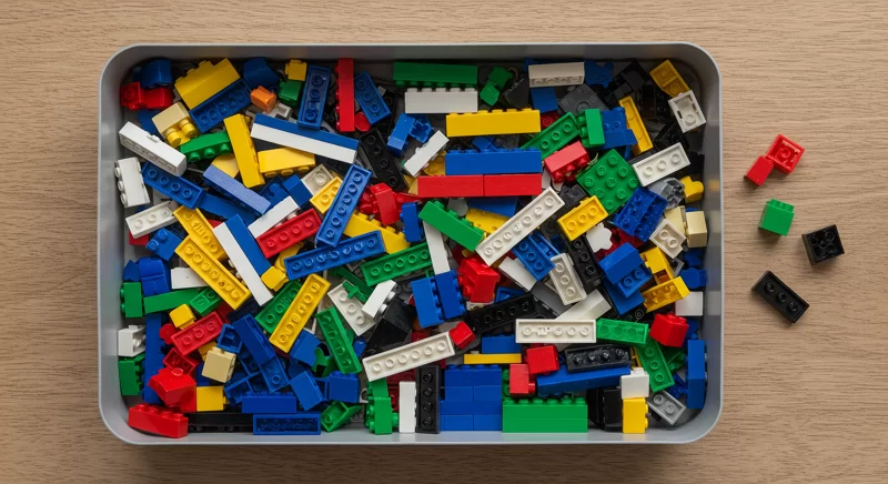 Box of mixed LEGOs being sorted by color and shape, symbolizing unsupervised learning.