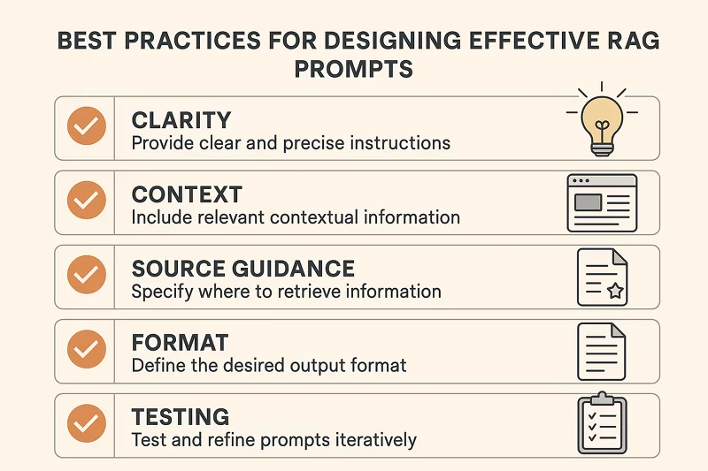 Visual checklist of best practices for creating effective prompts in RAG systems, including clarity, context, source guidance, and format specification.