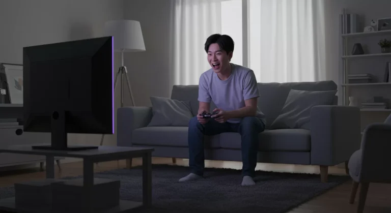 Person enjoying AI-powered video games, personalized streaming, and smart music playlists in a modern living room, showing digital entertainment innovation.