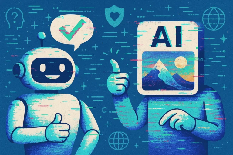 Illustration of a chatbot and AI image generator showing confident answers with digital glitches, highlighting the concept of AI hallucinations and artificial intelligence errors.