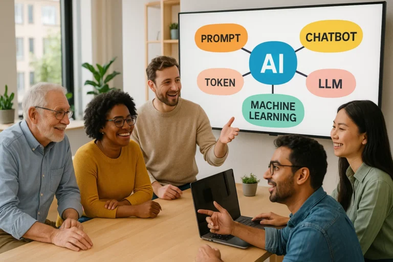 People of various profiles collaborating around a digital screen with a mind map of artificial intelligence terms, representing the collaborative and accessible nature of the AI glossary.