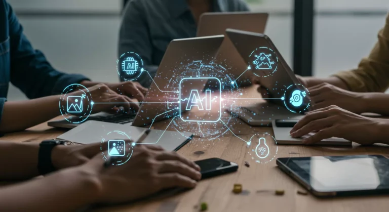 Modern workspace with people using free AI tools to create text, images, and music in 2025.