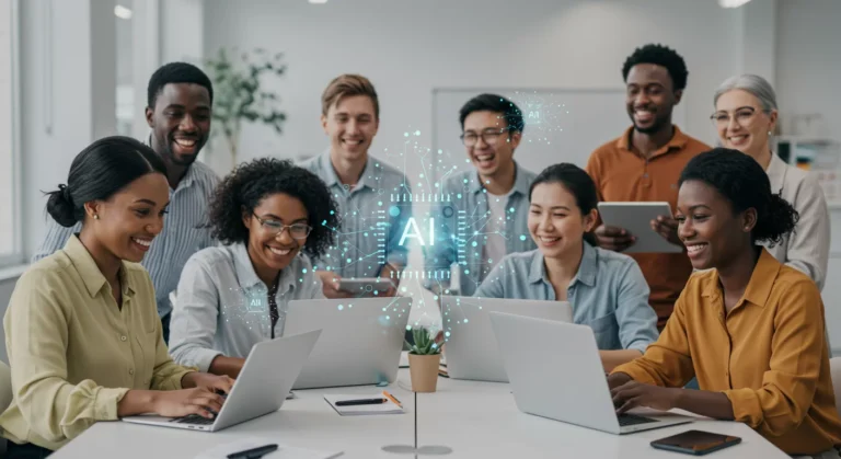 Diverse group of people learning artificial intelligence online for free at OpenAI Academy, in an inclusive and modern digital environment.