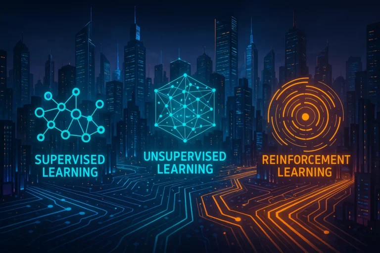 Futuristic city with digital elements representing supervised, unsupervised, and reinforcement learning.