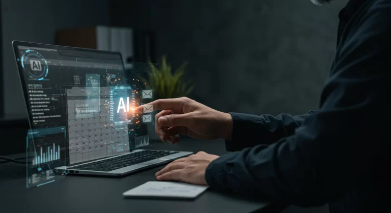 Futuristic workspace with AI tools helping manage daily tasks, including schedule and email organization (Beginner hacks).