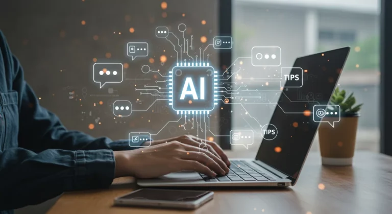 Person typing clear commands for AI in a modern environment, with AI icons and prompts, highlighting how to avoid common mistakes when creating questions for ChatGPT.