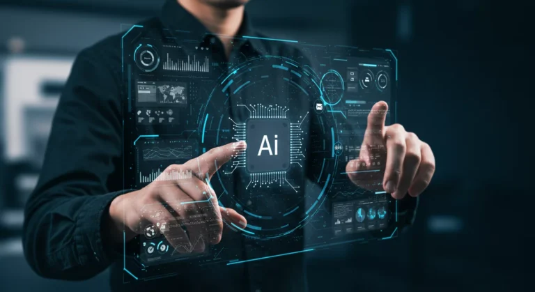Futuristic AI interface connecting to external sources like news, scientific articles, and knowledge bases, illustrating the concept of RAG Prompts and retrieval-augmented generation systems.